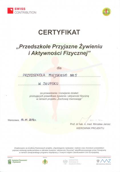 Certyfikat "SZKOŁA PRZYJAZNA ŻYWIENIU I AKTYWNOŚCI FIZYCZNEJ" dla słupskich przedszkoli miejskich