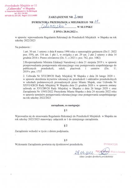 Regulamin rekrutacji do Przedszkoli Miejskich  w Słupsku na rok szkolny 2022/2023