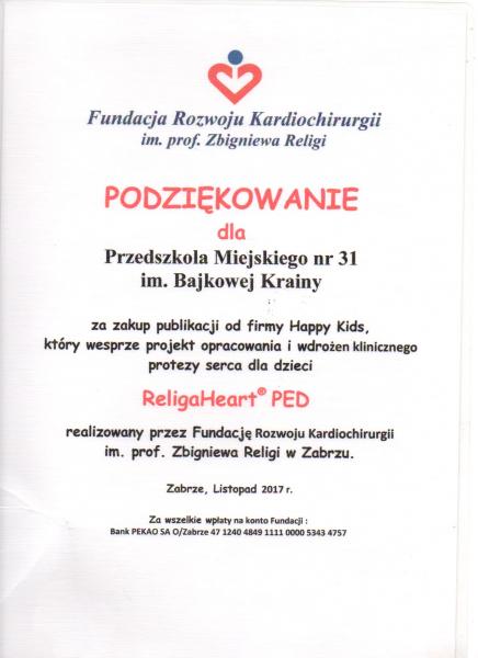 Podziękowania z Fundacji im.prof Religi