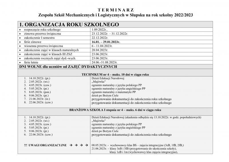 Terminarz ZSMiL w Słupsku na rok szkolny 2022/2023