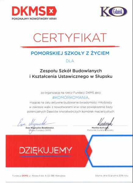 Certyfikat Szkoła z Życiem