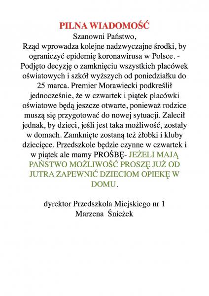 PILNA WIADOMOŚĆ