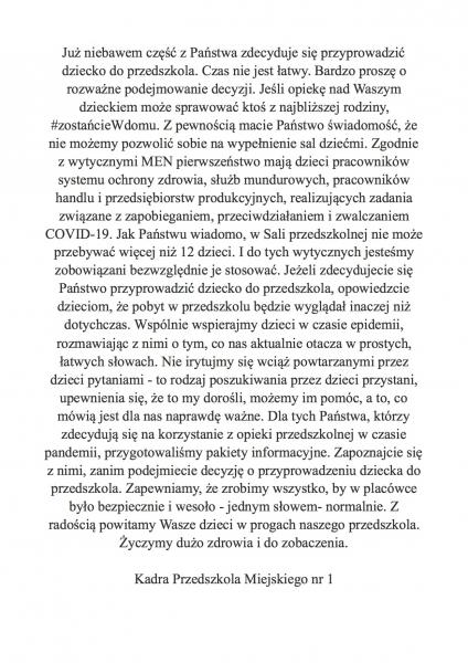 INFORMACJA DLA RODZIC&Oacute;W