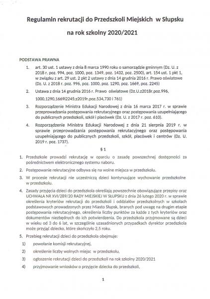 REGULAMIN REKRUTACJI DO PRZEDSZKOLI MIEJSKICH W SŁUPSKU NA ROK SZKOLNY 2020/2021