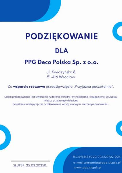 POdziękowanie Firma PPG Deco Polska Sp. z o.o.
