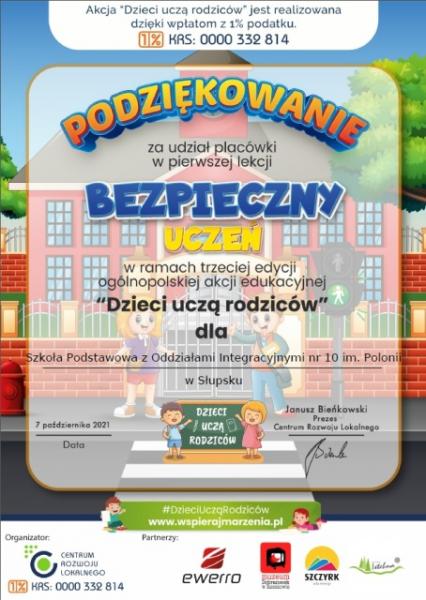 2. Podziękowanie za udział placówki w pierwszej lekcji „Bezpieczny uczeń”