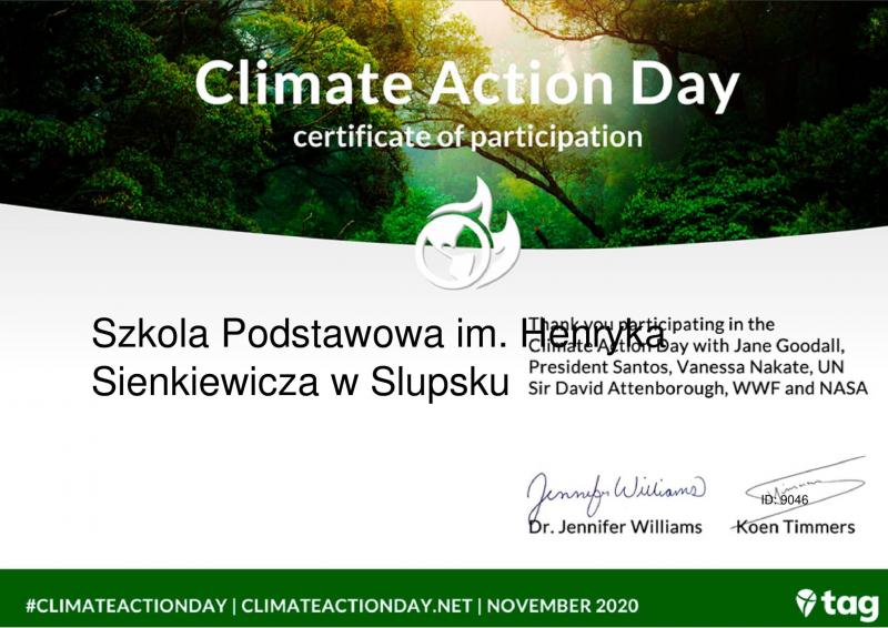 Certyfikat za udział w Climate Action Projekt