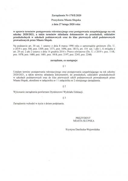 ZARZĄDZENIE PREZYDENTA MIASTA SŁUPSKA Z DNIA 27 LUTEGO 2020 ROKU
