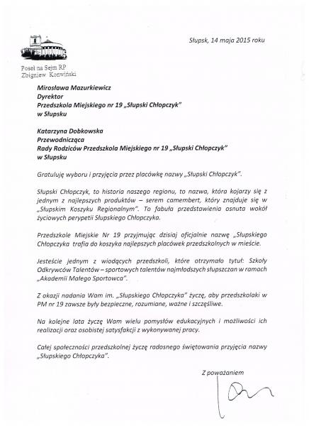 LIST GRATULACYJNY OD ZBIGNIEWA KONWIŃSKIEGO  POSŁA NA SEJM RZECZYPOSPOLITEJ POLSKIEJ ORAZ INNYCH GOŚCI