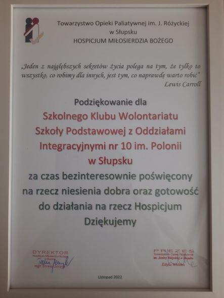 Podziękowanie dla Szkolnego Klubu Wolontariusza