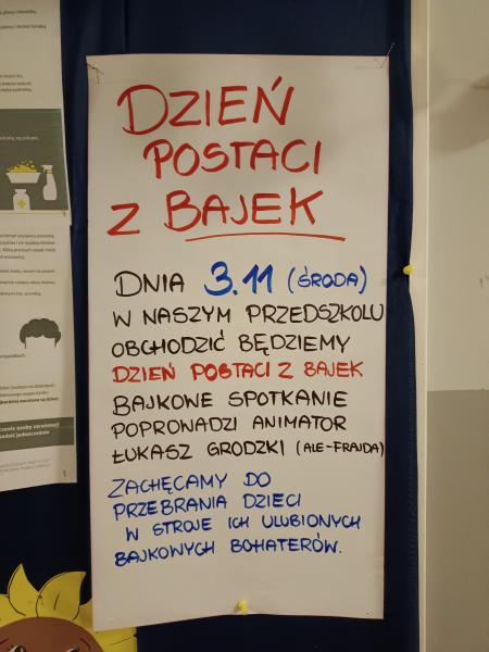 Plakat z ogłoszeniem dotyczącym obchodów Dnia postaci z bajek