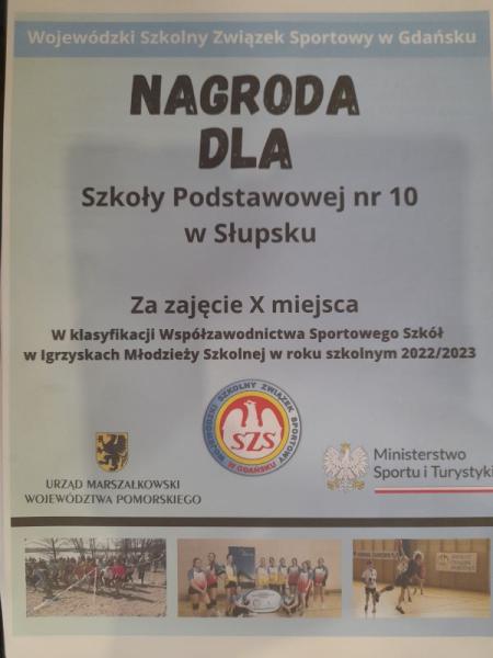 Nagroda dla SP 10 w klasyfikacji Współzawodnictwa Sportowego Szkół w Igrzyskach Młodzieży Szkolnej w roku szkolnym 2022/2023
