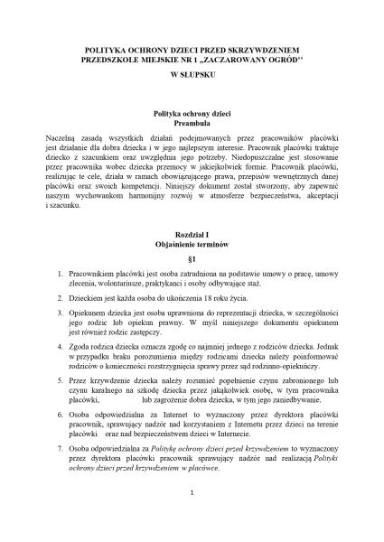 POLITYKA OCHRONY DZIECI PRZED SKRZYWDZENIEM, OBOWIĄZUJĄCA W PRZEDSZKOLU MIEJSKIM NR 1 ,,ZACZAROWANY OGRÓD" W SŁUPSKU