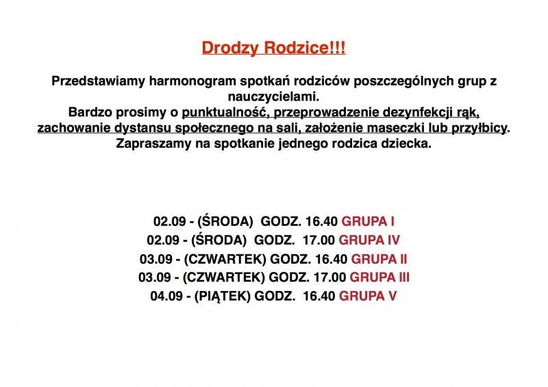 HARMONOGRAM SPOTKAŃ RODZICÓW POSZCZEGÓLNYCH GRUP Z NAUCZYCIELAMI