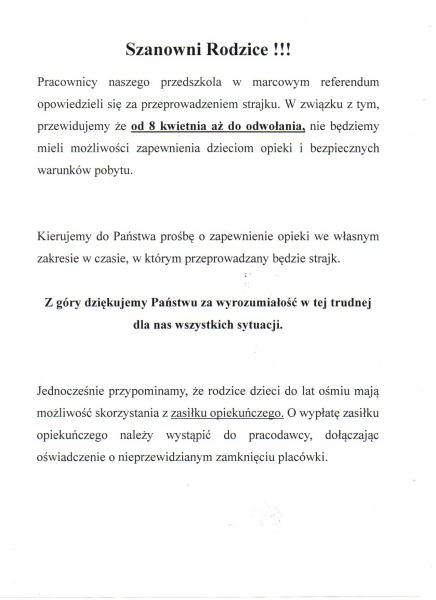 Informacja dla rodziców w sprawie strajku w dniu 8 kwietnia 2019 r.