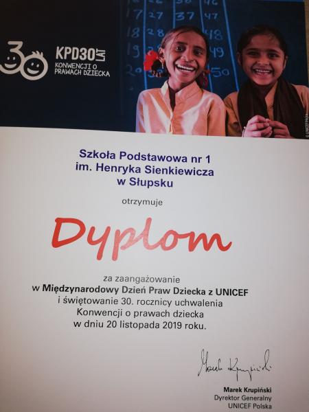 Pamiątkowy dyplom Unicef