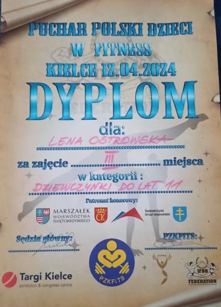 Dyplom za zajęcie III miejsca podczas Pucharu Polski w Fitness